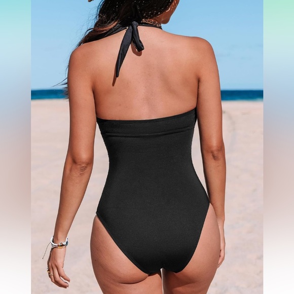 NWT CUPSHE One Piece Emerald Green Swimsuit Halter V Neck Tummy Control, Small - Picture 3 of 8